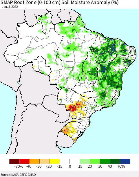 Brazil SMAP Root Zone (0-100 cm) Soil Moisture Anomaly (%) Thematic Map For 1/1/2022 - 1/5/2022