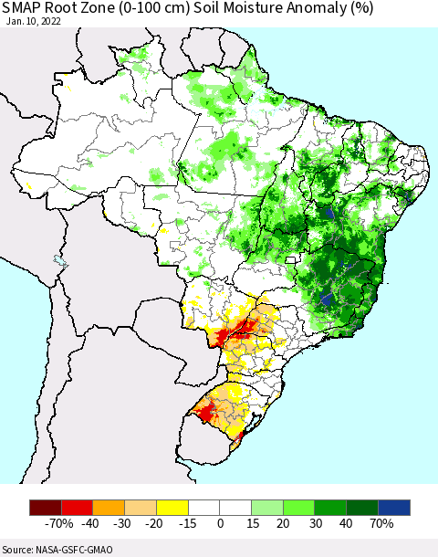 Brazil SMAP Root Zone (0-100 cm) Soil Moisture Anomaly (%) Thematic Map For 1/6/2022 - 1/10/2022