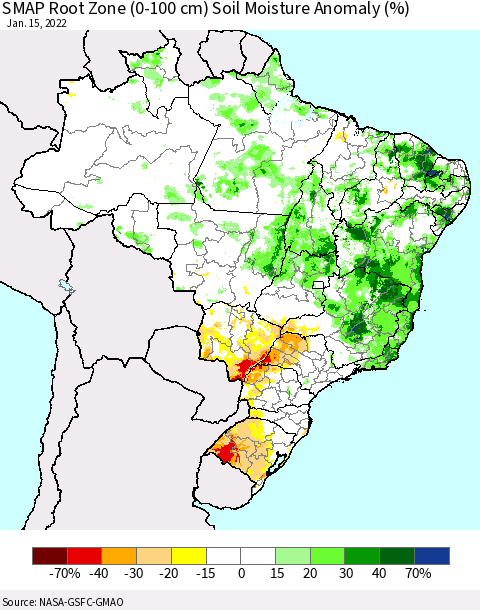 Brazil SMAP Root Zone (0-100 cm) Soil Moisture Anomaly (%) Thematic Map For 1/11/2022 - 1/15/2022