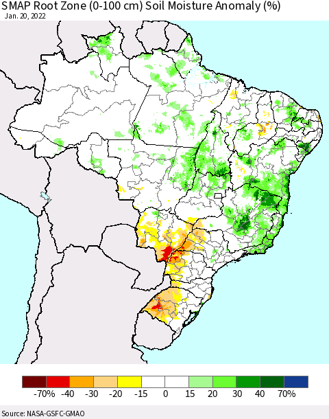 Brazil SMAP Root Zone (0-100 cm) Soil Moisture Anomaly (%) Thematic Map For 1/16/2022 - 1/20/2022