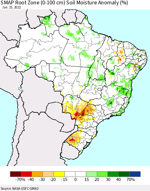 Brazil SMAP Root Zone (0-100 cm) Soil Moisture Anomaly (%) Thematic Map For 1/21/2022 - 1/25/2022