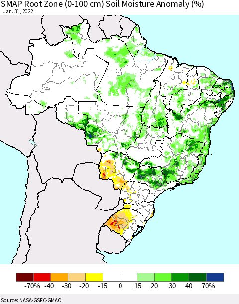 Brazil SMAP Root Zone (0-100 cm) Soil Moisture Anomaly (%) Thematic Map For 1/26/2022 - 1/31/2022