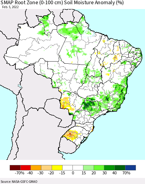 Brazil SMAP Root Zone (0-100 cm) Soil Moisture Anomaly (%) Thematic Map For 2/1/2022 - 2/5/2022