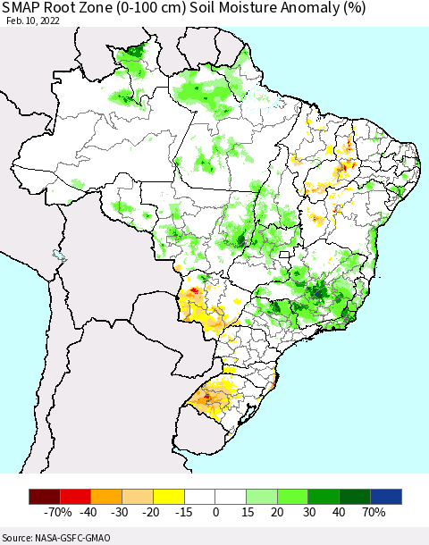 Brazil SMAP Root Zone (0-100 cm) Soil Moisture Anomaly (%) Thematic Map For 2/6/2022 - 2/10/2022