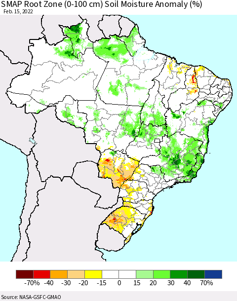 Brazil SMAP Root Zone (0-100 cm) Soil Moisture Anomaly (%) Thematic Map For 2/11/2022 - 2/15/2022