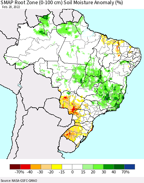 Brazil SMAP Root Zone (0-100 cm) Soil Moisture Anomaly (%) Thematic Map For 2/16/2022 - 2/20/2022