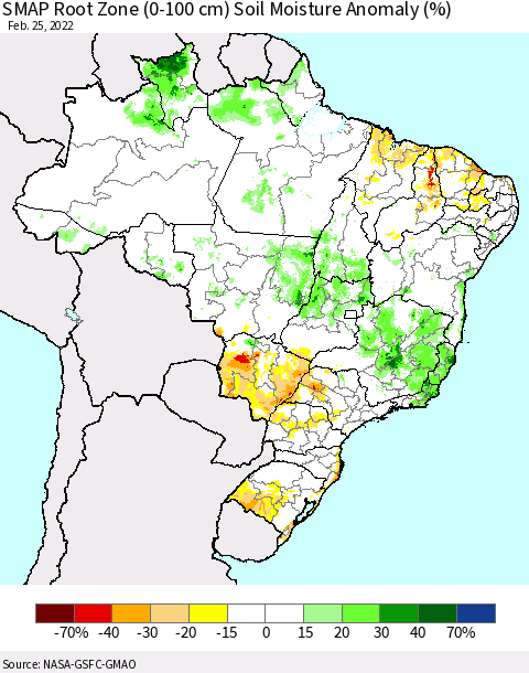Brazil SMAP Root Zone (0-100 cm) Soil Moisture Anomaly (%) Thematic Map For 2/21/2022 - 2/25/2022