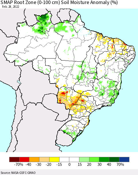 Brazil SMAP Root Zone (0-100 cm) Soil Moisture Anomaly (%) Thematic Map For 2/26/2022 - 2/28/2022