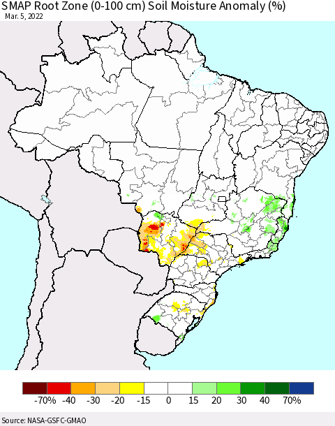 Brazil SMAP Root Zone (0-100 cm) Soil Moisture Anomaly (%) Thematic Map For 3/1/2022 - 3/5/2022