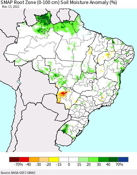 Brazil SMAP Root Zone (0-100 cm) Soil Moisture Anomaly (%) Thematic Map For 3/11/2022 - 3/15/2022