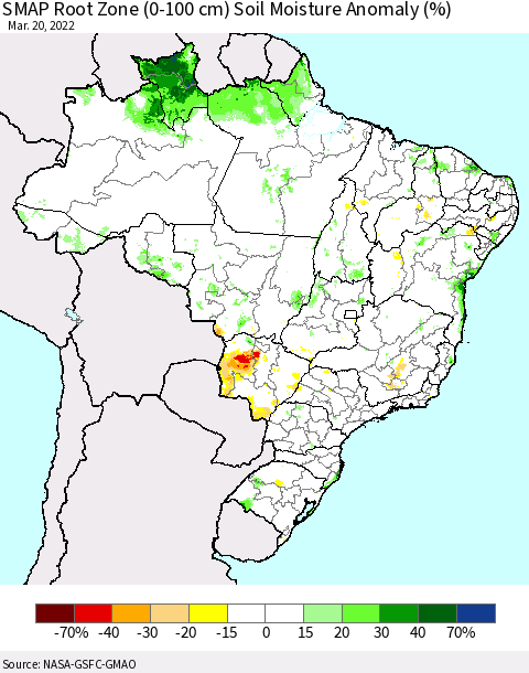 Brazil SMAP Root Zone (0-100 cm) Soil Moisture Anomaly (%) Thematic Map For 3/16/2022 - 3/20/2022
