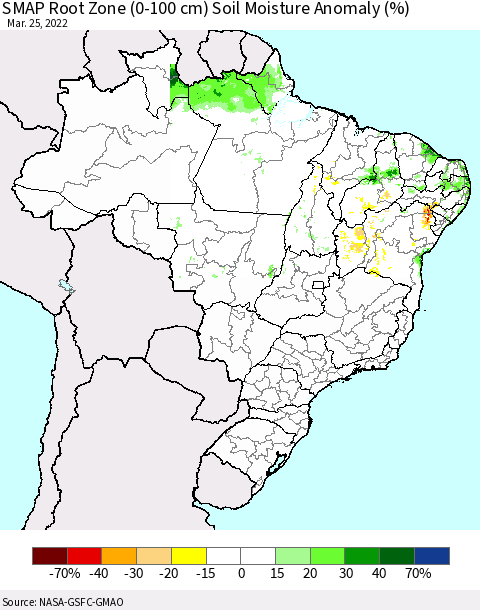 Brazil SMAP Root Zone (0-100 cm) Soil Moisture Anomaly (%) Thematic Map For 3/21/2022 - 3/25/2022