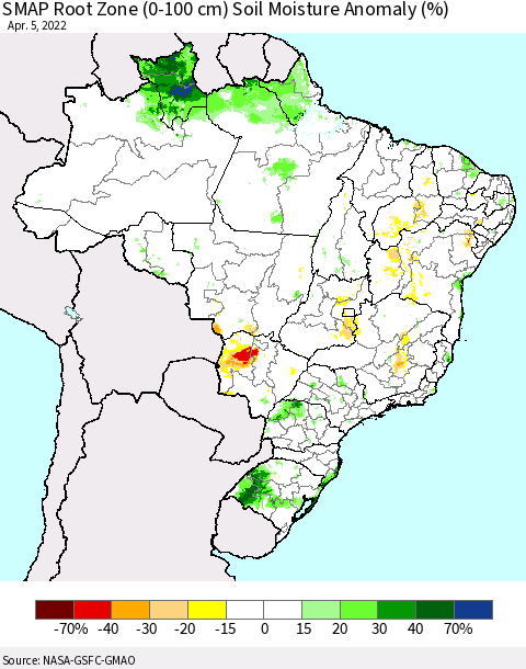 Brazil SMAP Root Zone (0-100 cm) Soil Moisture Anomaly (%) Thematic Map For 4/1/2022 - 4/5/2022