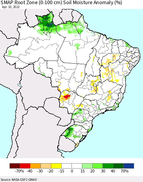Brazil SMAP Root Zone (0-100 cm) Soil Moisture Anomaly (%) Thematic Map For 4/6/2022 - 4/10/2022