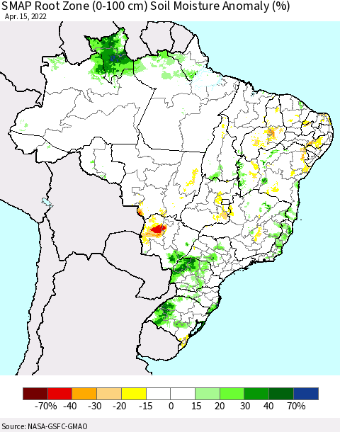 Brazil SMAP Root Zone (0-100 cm) Soil Moisture Anomaly (%) Thematic Map For 4/11/2022 - 4/15/2022