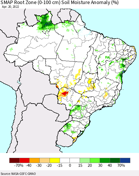 Brazil SMAP Root Zone (0-100 cm) Soil Moisture Anomaly (%) Thematic Map For 4/16/2022 - 4/20/2022