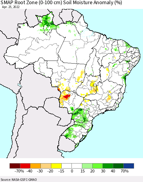 Brazil SMAP Root Zone (0-100 cm) Soil Moisture Anomaly (%) Thematic Map For 4/21/2022 - 4/25/2022