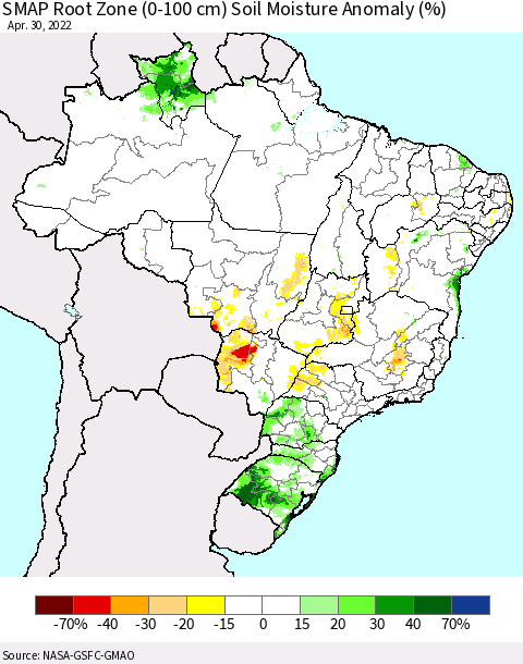 Brazil SMAP Root Zone (0-100 cm) Soil Moisture Anomaly (%) Thematic Map For 4/26/2022 - 4/30/2022