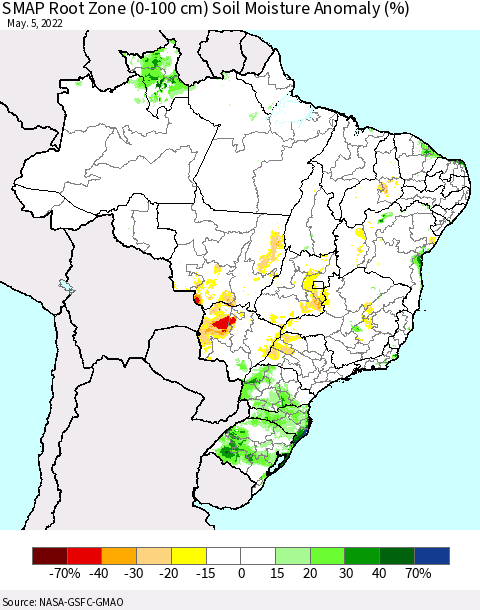 Brazil SMAP Root Zone (0-100 cm) Soil Moisture Anomaly (%) Thematic Map For 5/1/2022 - 5/5/2022
