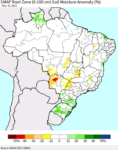 Brazil SMAP Root Zone (0-100 cm) Soil Moisture Anomaly (%) Thematic Map For 5/6/2022 - 5/10/2022