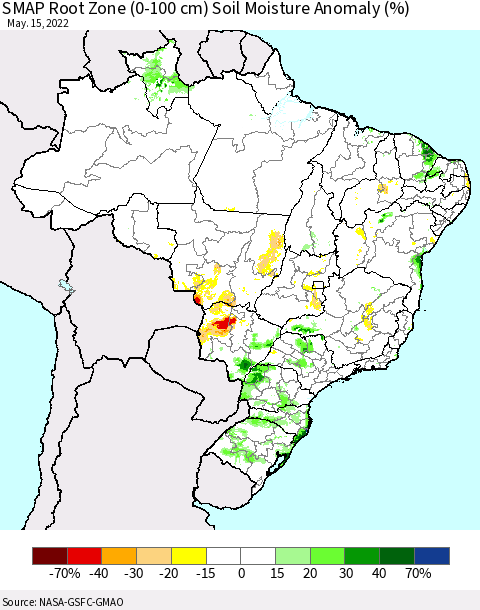 Brazil SMAP Root Zone (0-100 cm) Soil Moisture Anomaly (%) Thematic Map For 5/11/2022 - 5/15/2022