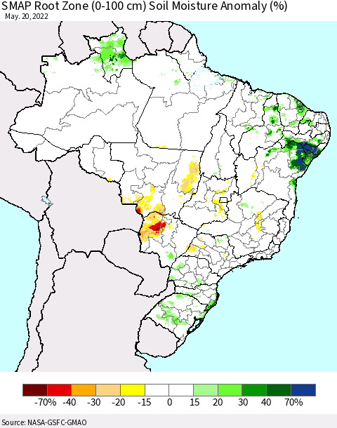 Brazil SMAP Root Zone (0-100 cm) Soil Moisture Anomaly (%) Thematic Map For 5/16/2022 - 5/20/2022