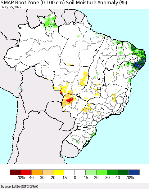 Brazil SMAP Root Zone (0-100 cm) Soil Moisture Anomaly (%) Thematic Map For 5/21/2022 - 5/25/2022