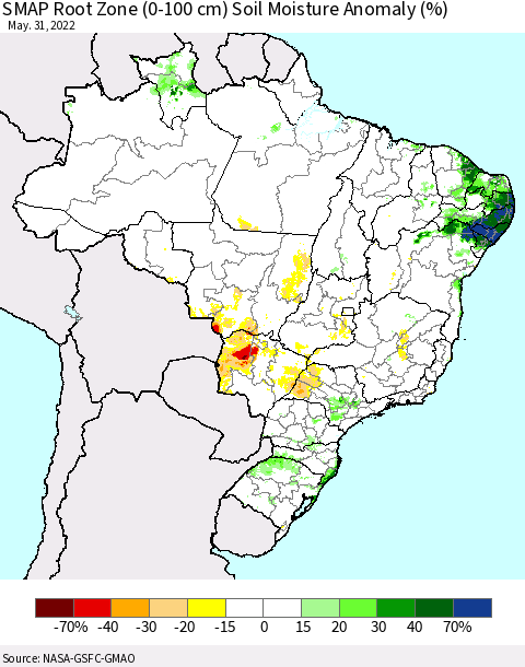 Brazil SMAP Root Zone (0-100 cm) Soil Moisture Anomaly (%) Thematic Map For 5/26/2022 - 5/31/2022