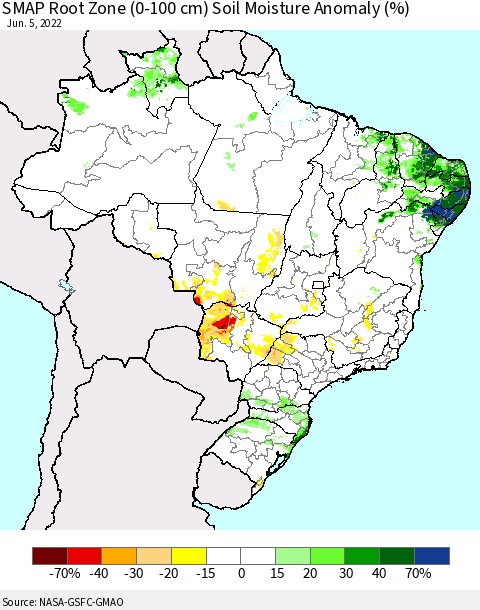 Brazil SMAP Root Zone (0-100 cm) Soil Moisture Anomaly (%) Thematic Map For 6/1/2022 - 6/5/2022