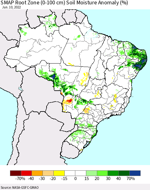 Brazil SMAP Root Zone (0-100 cm) Soil Moisture Anomaly (%) Thematic Map For 6/6/2022 - 6/10/2022