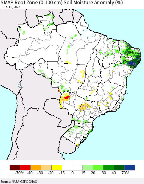 Brazil SMAP Root Zone (0-100 cm) Soil Moisture Anomaly (%) Thematic Map For 6/11/2022 - 6/15/2022