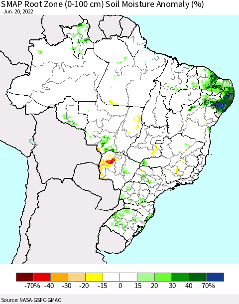 Brazil SMAP Root Zone (0-100 cm) Soil Moisture Anomaly (%) Thematic Map For 6/16/2022 - 6/20/2022