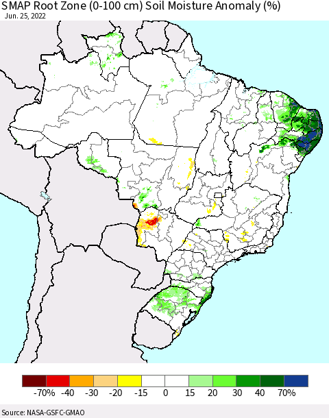 Brazil SMAP Root Zone (0-100 cm) Soil Moisture Anomaly (%) Thematic Map For 6/21/2022 - 6/25/2022