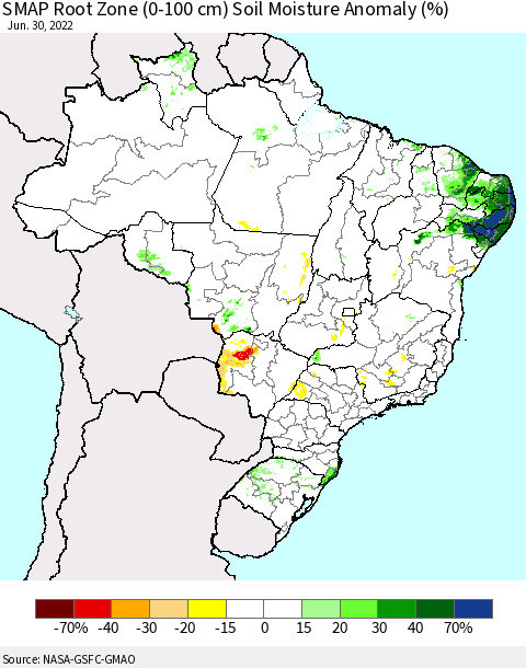 Brazil SMAP Root Zone (0-100 cm) Soil Moisture Anomaly (%) Thematic Map For 6/26/2022 - 6/30/2022