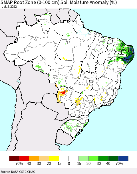 Brazil SMAP Root Zone (0-100 cm) Soil Moisture Anomaly (%) Thematic Map For 7/1/2022 - 7/5/2022