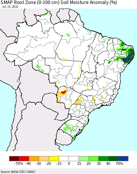 Brazil SMAP Root Zone (0-100 cm) Soil Moisture Anomaly (%) Thematic Map For 7/11/2022 - 7/15/2022