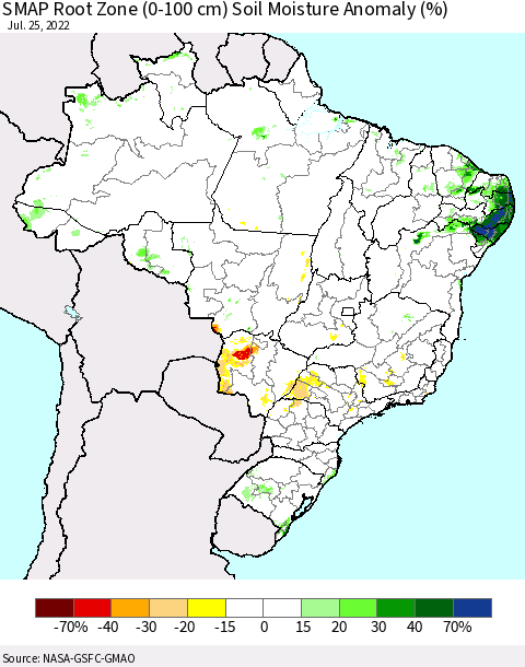 Brazil SMAP Root Zone (0-100 cm) Soil Moisture Anomaly (%) Thematic Map For 7/21/2022 - 7/25/2022