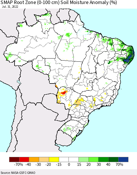 Brazil SMAP Root Zone (0-100 cm) Soil Moisture Anomaly (%) Thematic Map For 7/26/2022 - 7/31/2022