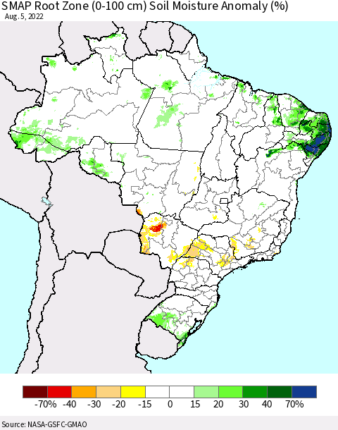 Brazil SMAP Root Zone (0-100 cm) Soil Moisture Anomaly (%) Thematic Map For 8/1/2022 - 8/5/2022