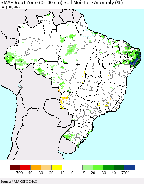 Brazil SMAP Root Zone (0-100 cm) Soil Moisture Anomaly (%) Thematic Map For 8/6/2022 - 8/10/2022