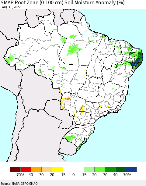 Brazil SMAP Root Zone (0-100 cm) Soil Moisture Anomaly (%) Thematic Map For 8/11/2022 - 8/15/2022