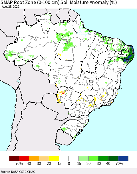 Brazil SMAP Root Zone (0-100 cm) Soil Moisture Anomaly (%) Thematic Map For 8/21/2022 - 8/25/2022