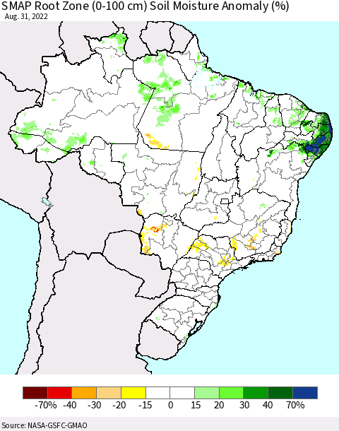 Brazil SMAP Root Zone (0-100 cm) Soil Moisture Anomaly (%) Thematic Map For 8/26/2022 - 8/31/2022