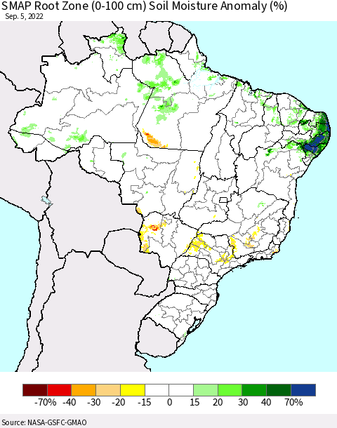 Brazil SMAP Root Zone (0-100 cm) Soil Moisture Anomaly (%) Thematic Map For 9/1/2022 - 9/5/2022
