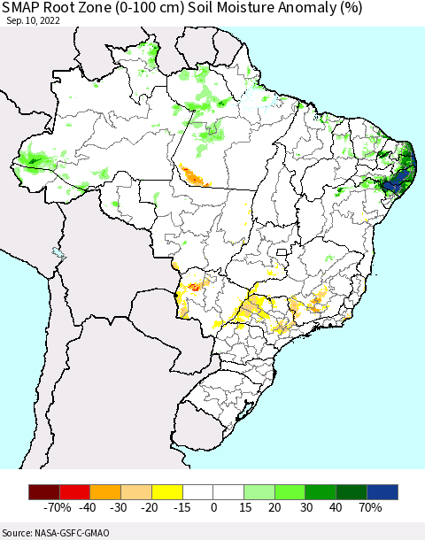 Brazil SMAP Root Zone (0-100 cm) Soil Moisture Anomaly (%) Thematic Map For 9/6/2022 - 9/10/2022