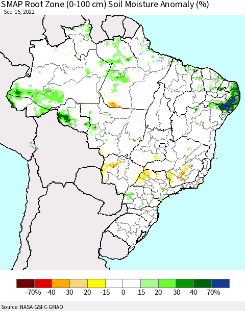 Brazil SMAP Root Zone (0-100 cm) Soil Moisture Anomaly (%) Thematic Map For 9/11/2022 - 9/15/2022
