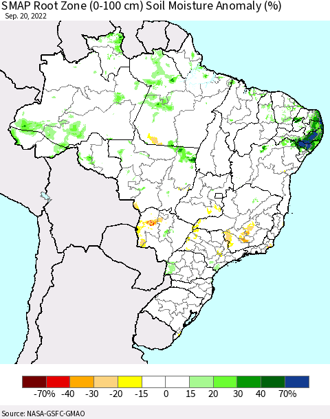 Brazil SMAP Root Zone (0-100 cm) Soil Moisture Anomaly (%) Thematic Map For 9/16/2022 - 9/20/2022