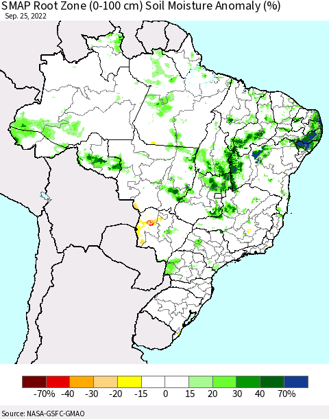 Brazil SMAP Root Zone (0-100 cm) Soil Moisture Anomaly (%) Thematic Map For 9/21/2022 - 9/25/2022