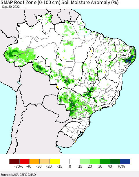Brazil SMAP Root Zone (0-100 cm) Soil Moisture Anomaly (%) Thematic Map For 9/26/2022 - 9/30/2022