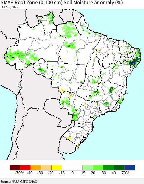 Brazil SMAP Root Zone (0-100 cm) Soil Moisture Anomaly (%) Thematic Map For 10/1/2022 - 10/5/2022